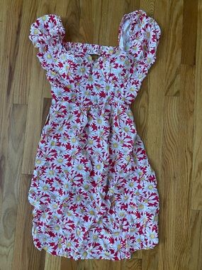Red Daisy-Print womens Dress with Puff Sleeves-Large